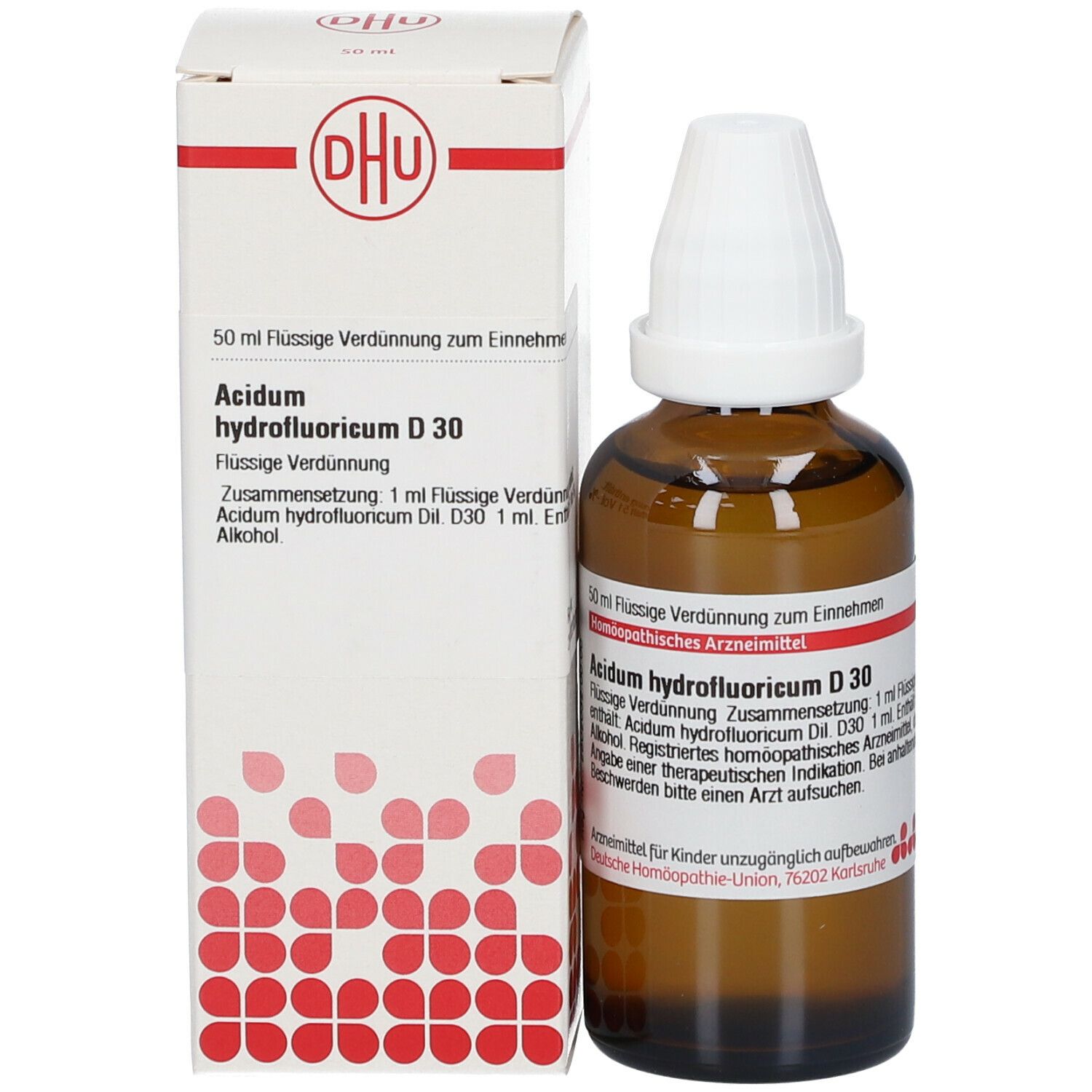Braune Glasflasche und Verpackung. DHU Acidum hydrofluoricum D30. Flasche mit weißem Verschluss.