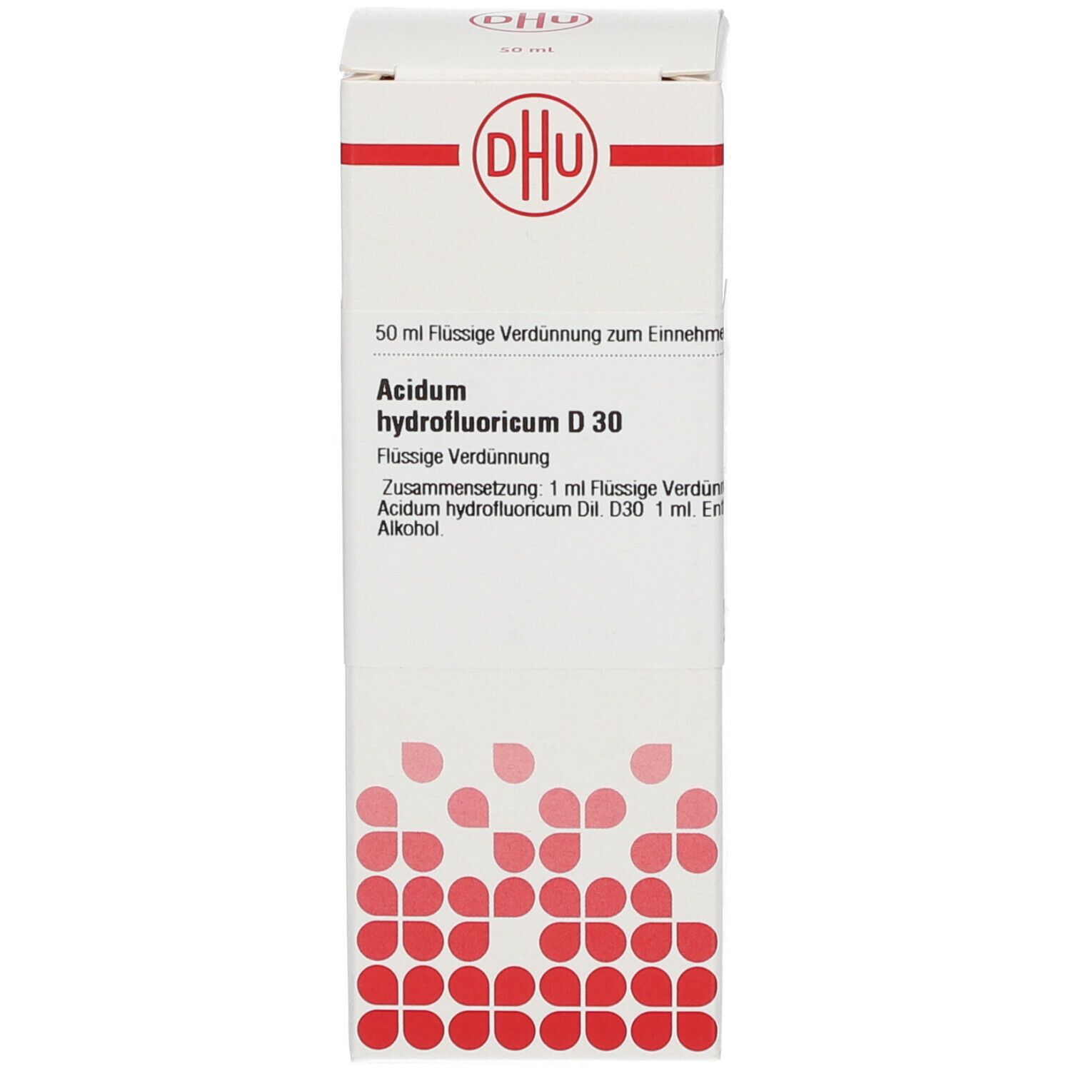 Weiße Verpackung mit Produktinformationen. DHU Acidum hydrofluoricum D30. Flasche nicht sichtbar.