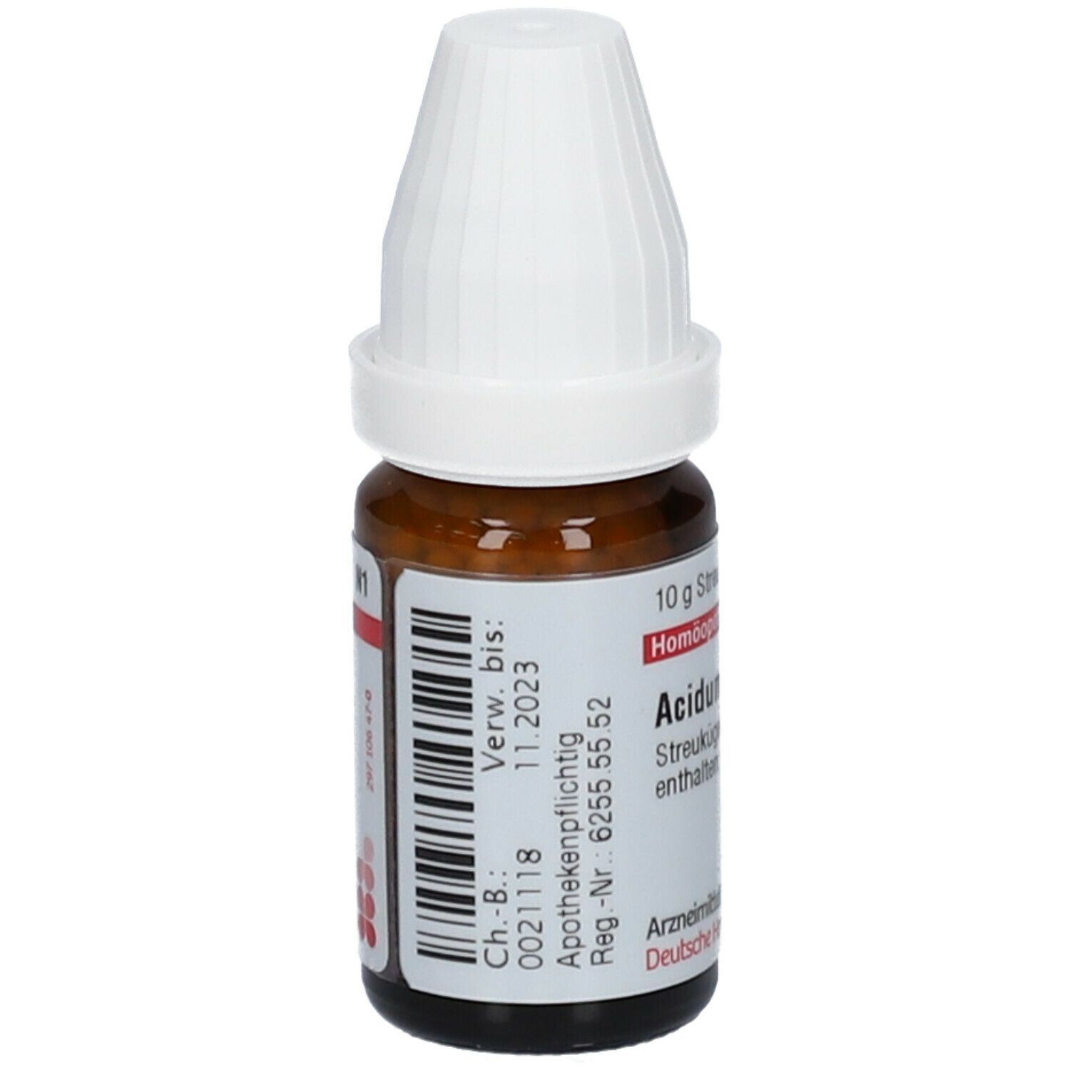 Braune Glasflasche mit weißem Deckel. Etikett mit Produktinformationen. Text: Acidum picrinicum D200, 10 g Streukügelchen.