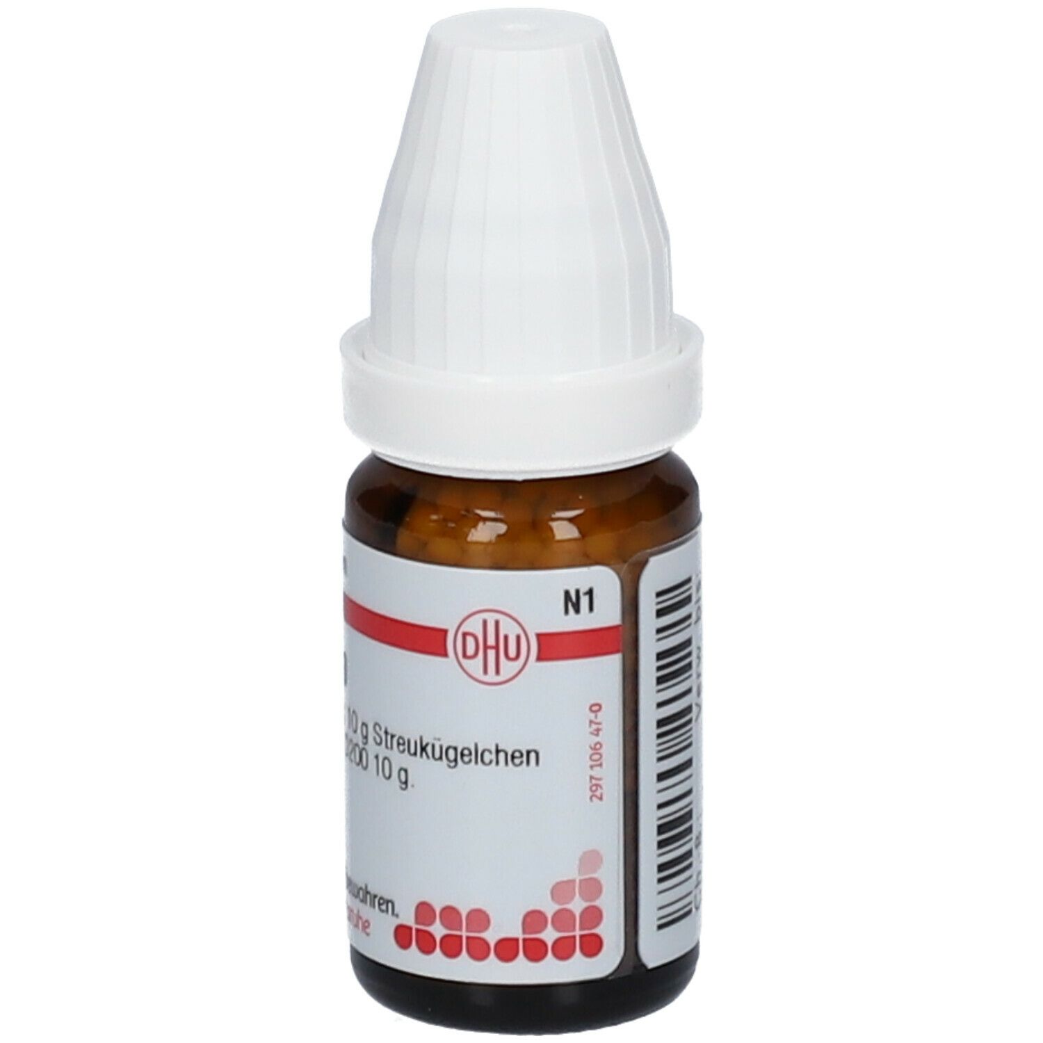 Braune Glasflasche mit weißem Deckel. Etikett mit Produktinformationen. Text: Acidum picrinicum D200, 10 g Streukügelchen.