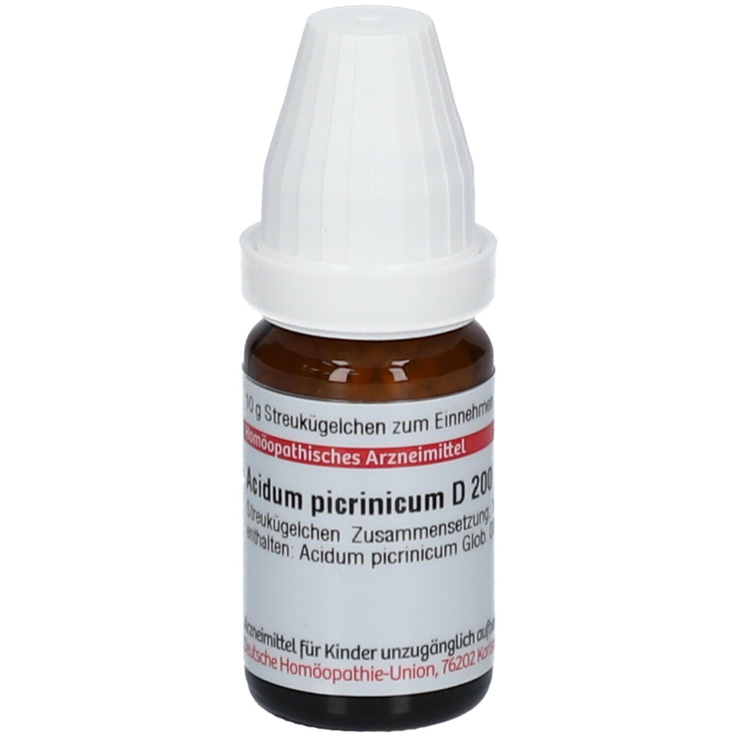 Braune Glasflasche mit weißem Deckel. Etikett mit Produktinformationen. Text: Acidum picrinicum D200, 10 g Streukügelchen.
