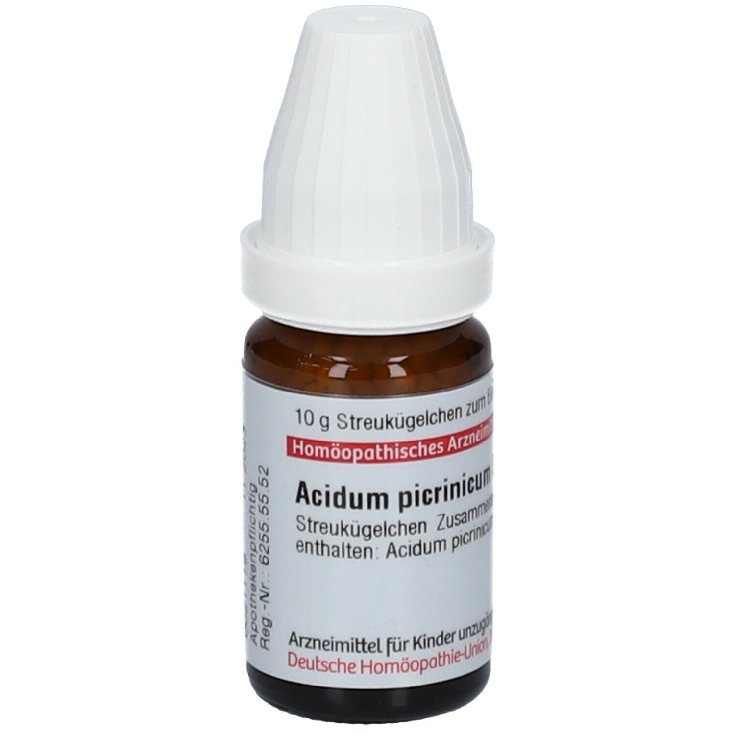 Braune Glasflasche mit weißem Deckel. Etikett mit Produktinformationen. Text: Acidum picrinicum D200, 10 g Streukügelchen.