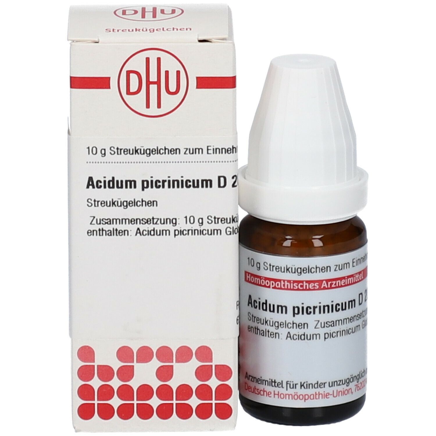 Produktflasche und Verpackung. Flasche: braunes Glas, weißer Deckel. Verpackung: weiß, rot. Text: DHU, Acidum picrinicum D200, 10 g Streukügelchen.