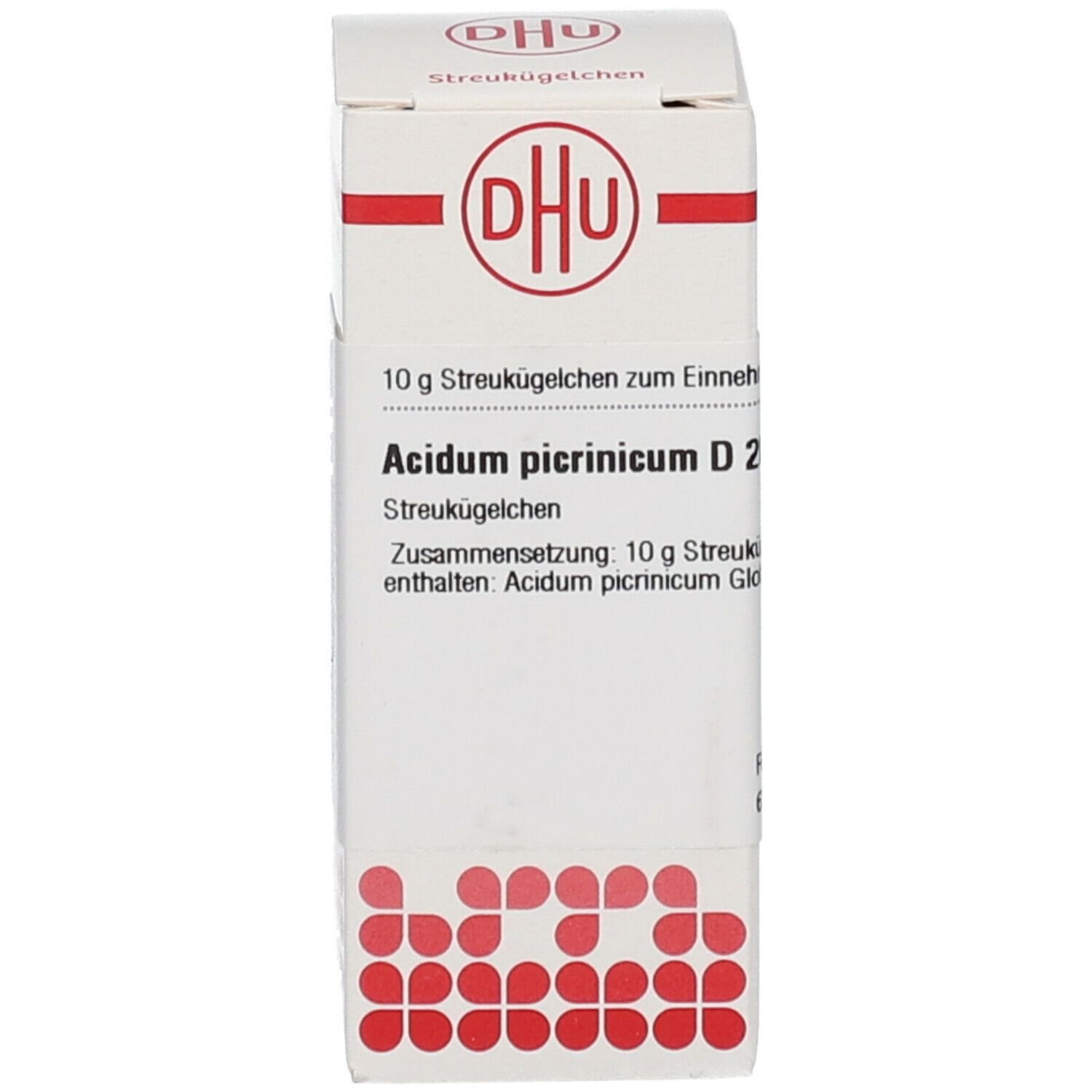 Produktverpackung. Weiß, rot. Text: DHU, Acidum picrinicum D200, 10 g Streukügelchen. Logo: DHU. Enthält 10 g Streukügelchen.