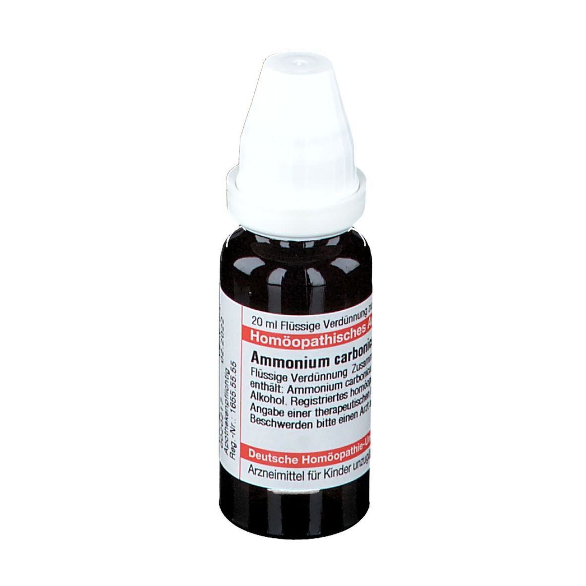 Braune Glasflasche mit weißem Verschluss. Etikett mit Produktnamen und Informationen. Deutsche Homöopathie-Union.