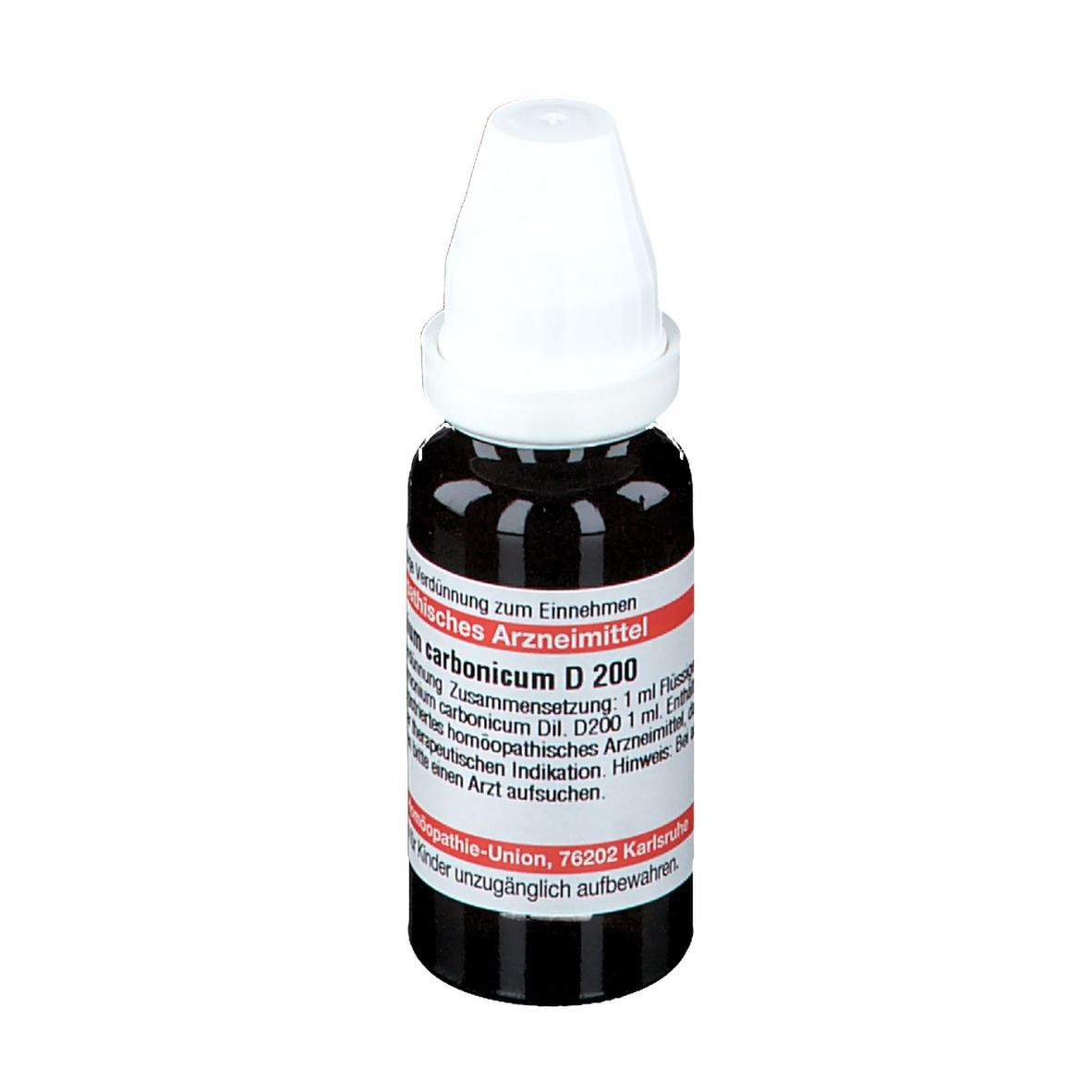 Braune Glasflasche mit weißem Verschluss. Etikett mit Produktnamen und Informationen. Deutsche Homöopathie-Union.