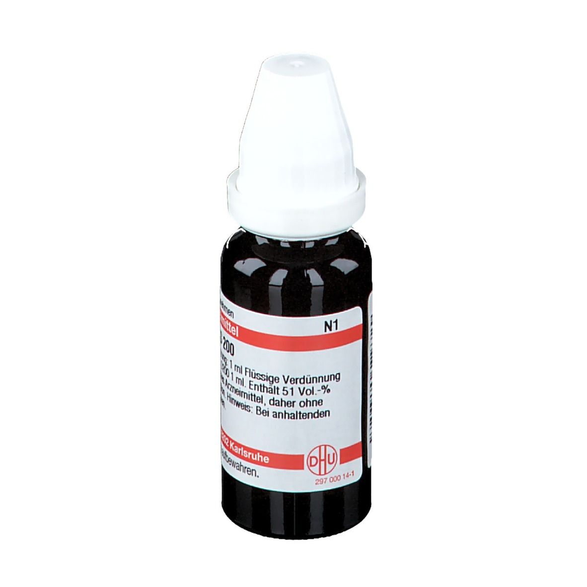 Braune Glasflasche mit weißem Verschluss. Etikett mit Produktnamen und Informationen. Deutsche Homöopathie-Union.