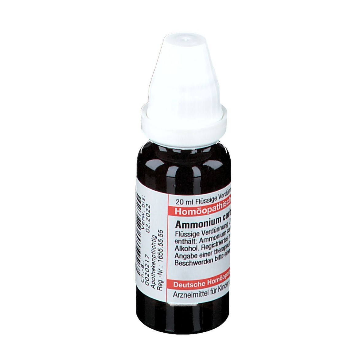 Braune Glasflasche mit weißem Verschluss. Etikett mit Produktnamen und Informationen. Deutsche Homöopathie-Union.