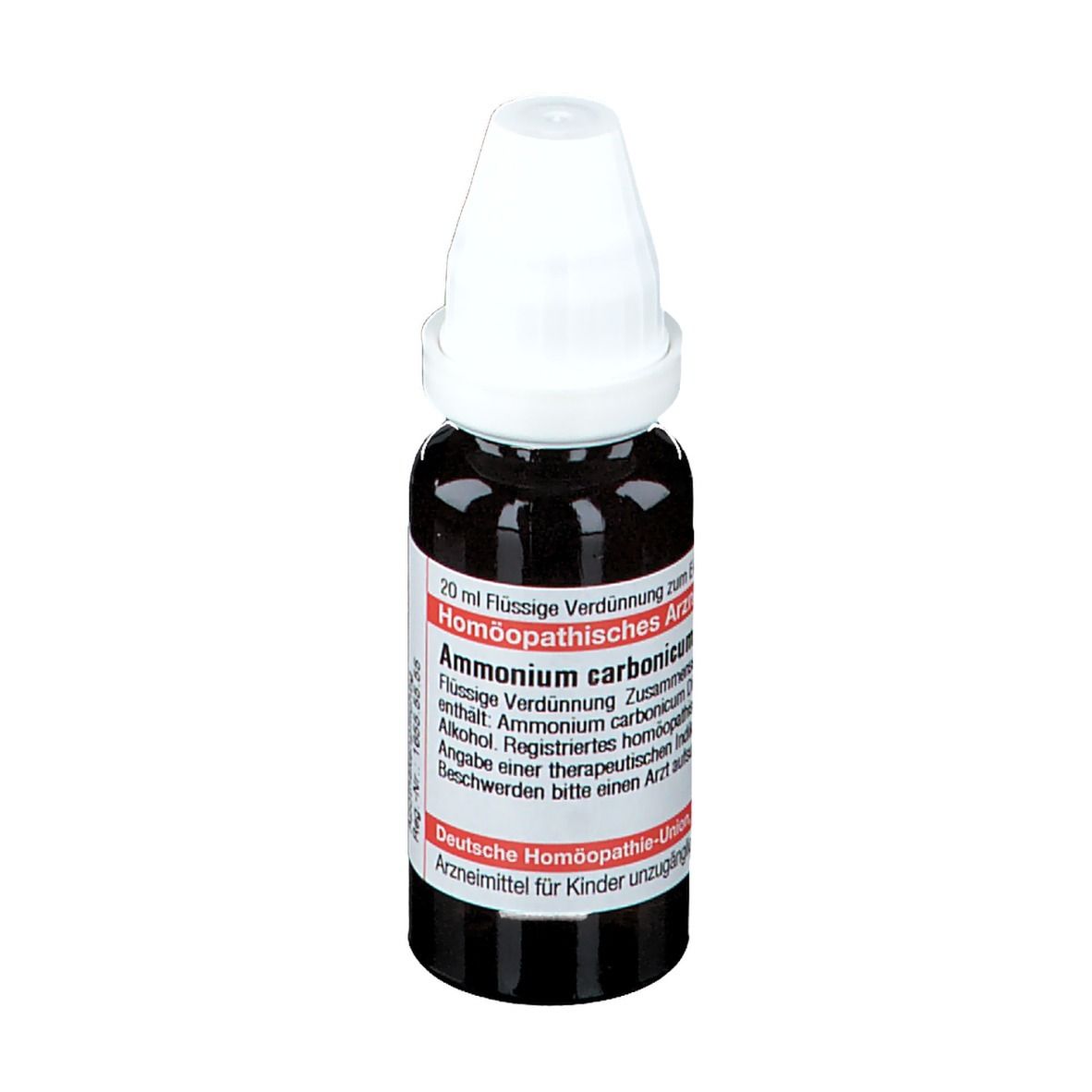 Braune Glasflasche mit weißem Verschluss. Etikett mit Produktnamen und Informationen. Deutsche Homöopathie-Union.