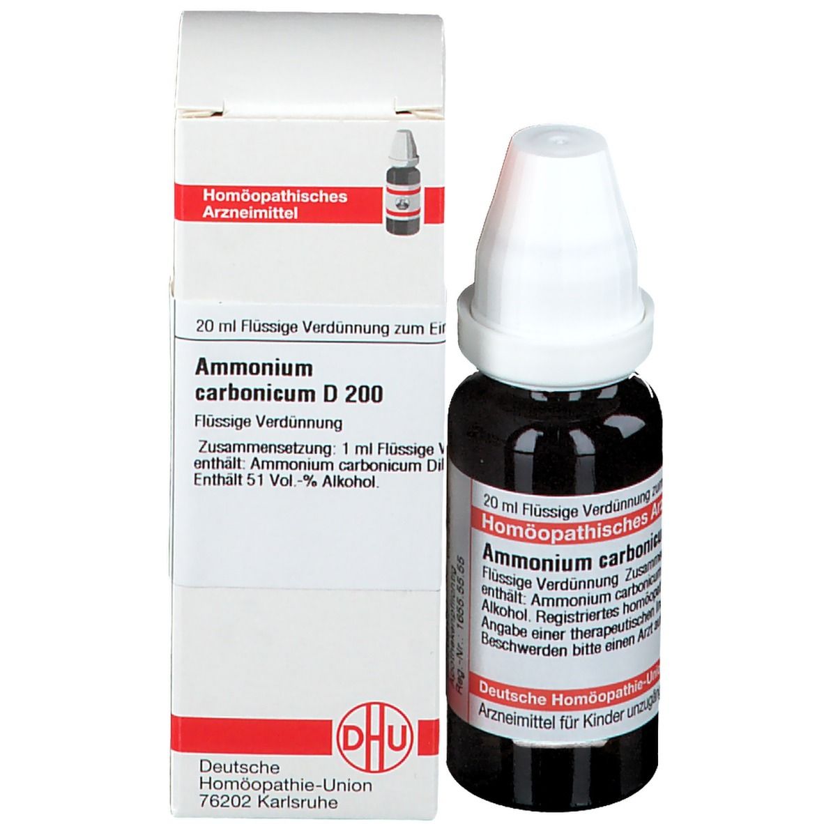 Braune Glasflasche mit weißem Verschluss und Karton. Karton mit Produktinformationen und DHU-Logo. Homöopathisches Arzneimittel.