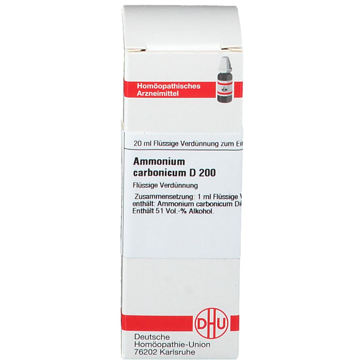 Weiße Kartonverpackung mit Produktinformationen und DHU-Logo. Homöopathisches Arzneimittel. Enthält eine braune Glasflasche.