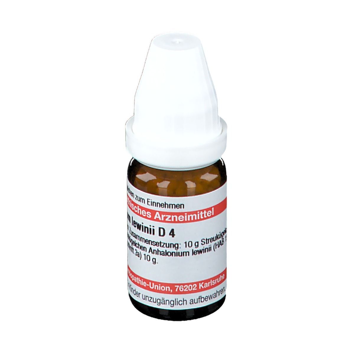 Braune Glasflasche mit weißem Deckel. Etikett mit Text: Homöopathisches Arzneimittel, Anhalonium lewinii D4, 10 g Streukügelchen.