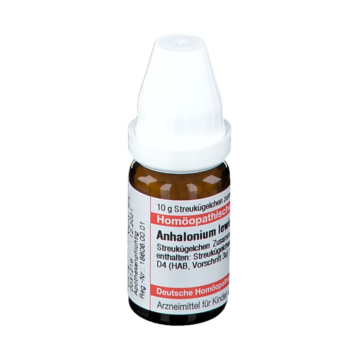 Braune Glasflasche mit weißem Deckel. Etikett mit Text: Homöopathisches Arzneimittel, Anhalonium lewinii D4, 10 g Streukügelchen.
