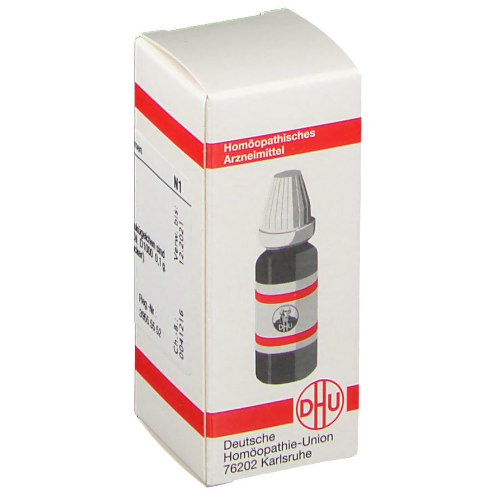 Schachtel mit DHU Cuprum Metallicum D1000. Rote Streifen, Text: Homöopathisches Arzneimittel, Fläschchen.
