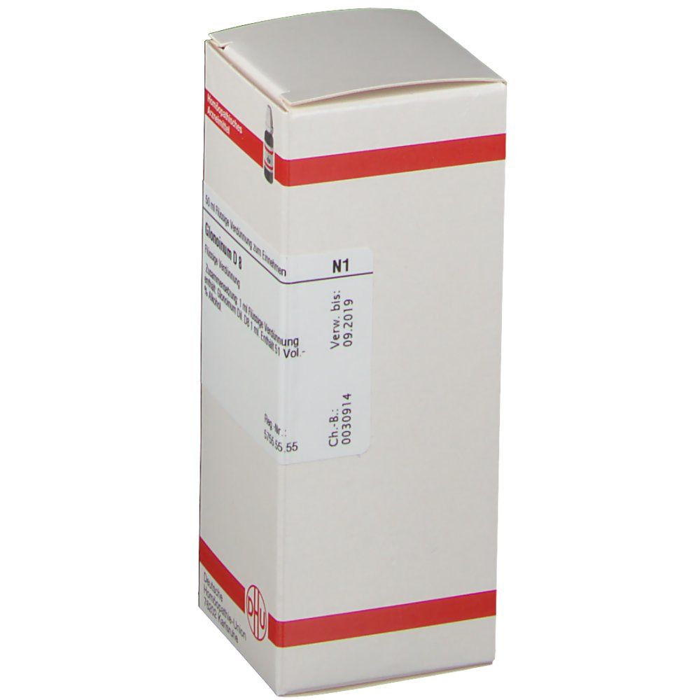 Weiße Faltschachtel mit roter Umrandung. Aufkleber mit Informationen. DHU Logo. Rückseite der Verpackung.