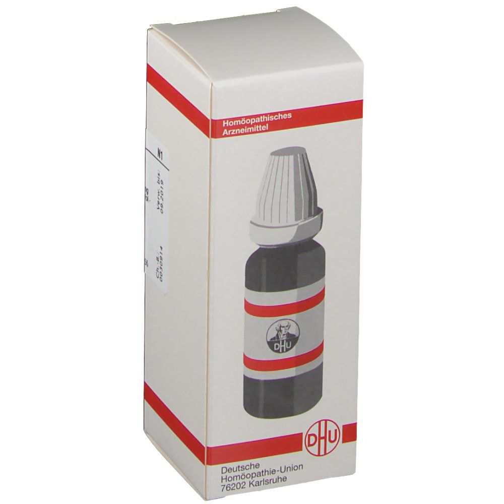 Weiße Faltschachtel mit roter Umrandung. DHU Logo. Flasche mit Tropfer, braune Flüssigkeit sichtbar. Homöopathisches Arzneimittel.