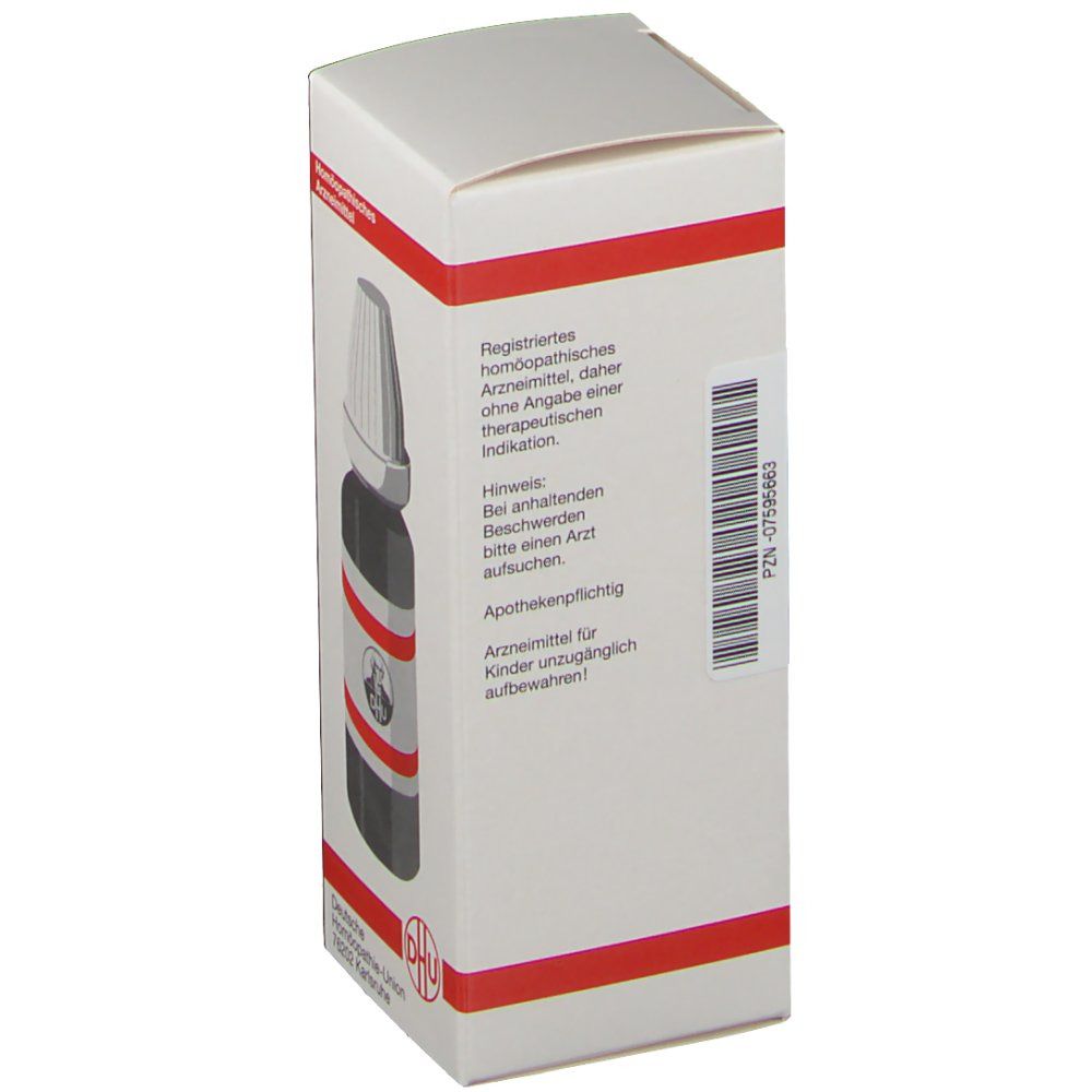 Weiße Faltschachtel mit roter Umrandung. Informationen und Warnhinweise. DHU Logo. Rückseite der Verpackung.