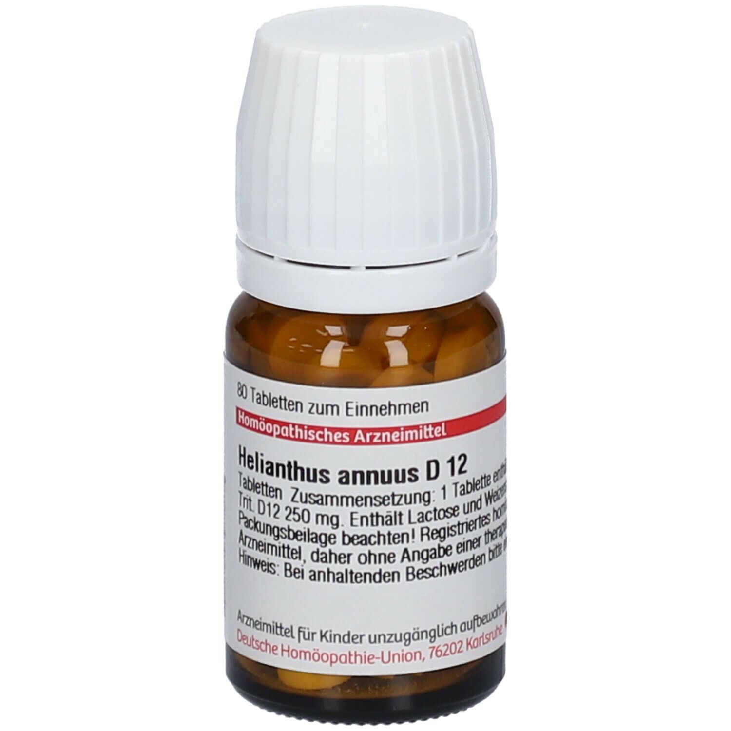 Braune Glasflasche mit weißen Deckel. Etikett mit Produktinformationen: Helianthus annuus D12, 80 Tabletten. Homöopathisches Arzneimittel.