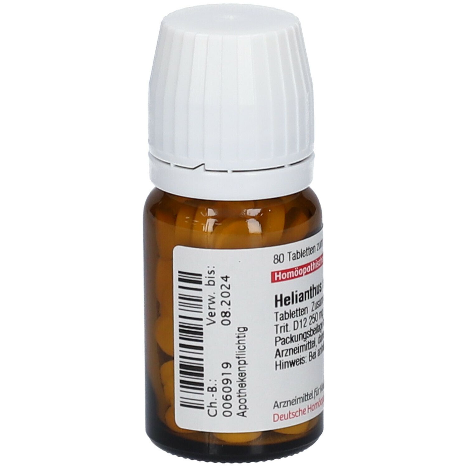 Braune Glasflasche mit weißem Deckel. Etikett mit Produktinformationen und Verfallsdatum. Enthält 80 Tabletten. Apothekenpflichtig.