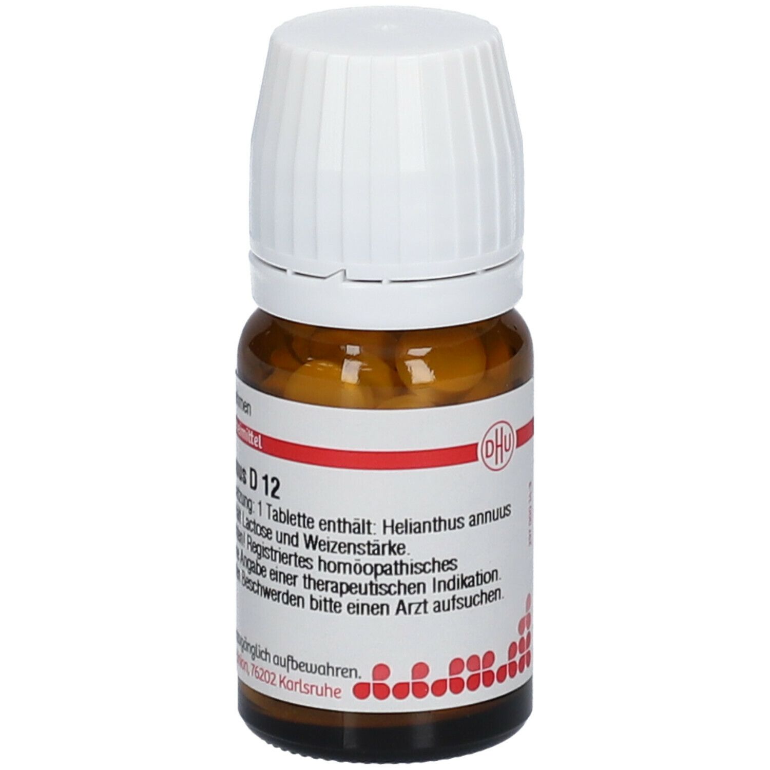 Braune Glasflasche mit weißem Deckel. Etikett mit Produktinformationen: Helianthus annuus D12. Enthält 80 Tabletten. DHU Logo.