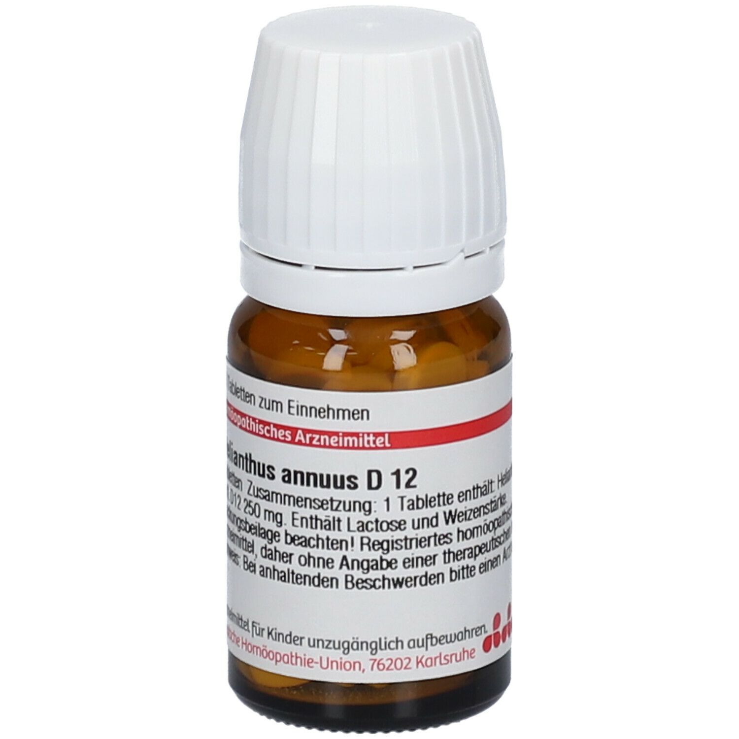 Braune Glasflasche mit weißem Deckel. Etikett mit Produktinformationen: Helianthus annuus D12, 80 Tabletten. Roter Streifen.