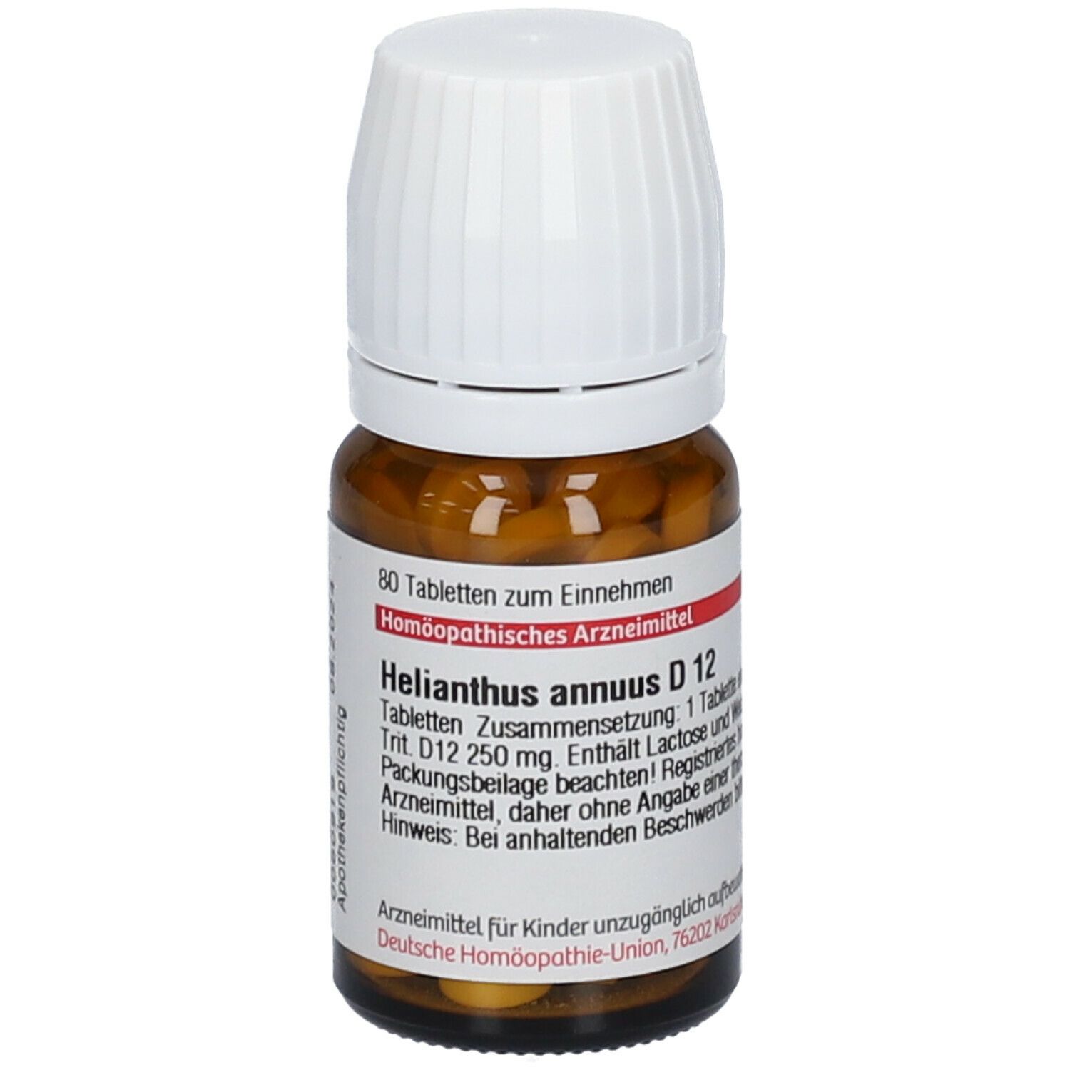 Braune Glasflasche mit weißem Deckel. Etikett mit Produktinformationen: Helianthus annuus D12, 80 Tabletten. Homöopathisches Arzneimittel.