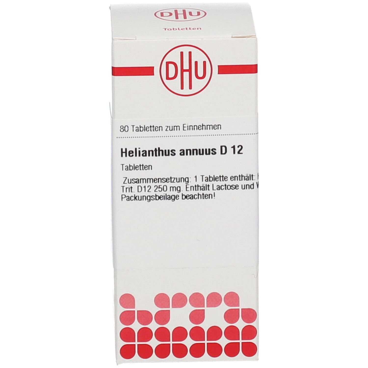 Weiße Schachtel mit DHU-Logo und Produktinformationen: Helianthus annuus D12, 80 Tabletten. Rote Punkte.