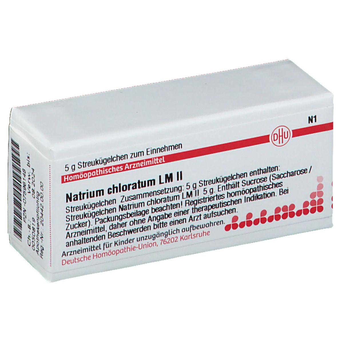 Weiße Schachtel mit roter Schrift und DHU-Logo. Beschriftung: Natrium chloratum LM II, 5 g Streukügelchen. Apothekenpflichtiges Arzneimittel.