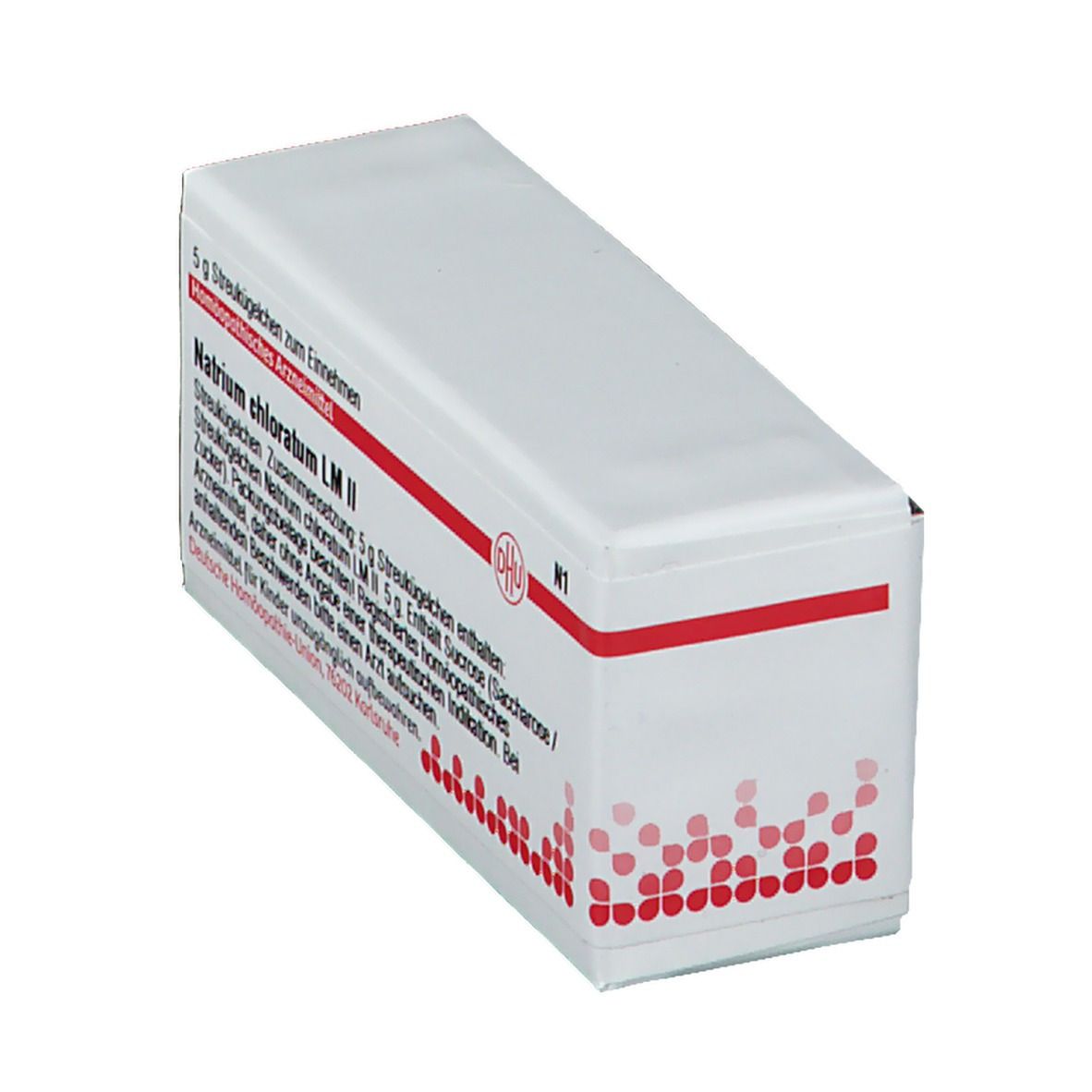 Weiße Verpackung mit roter Schrift und DHU-Logo. Beschriftung: Natrium chloratum LM II, 5 g Streukügelchen. Homöopathisches Arzneimittel.