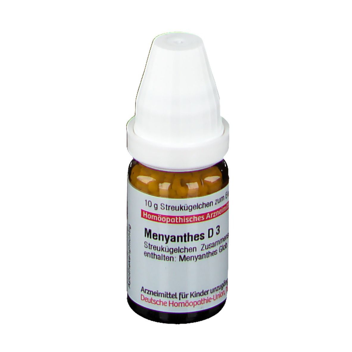 Braune Glasflasche mit weißen Deckel. Enthält Streukügelchen. Beschriftung: Menyanthes D3, 10 g Streukügelchen.