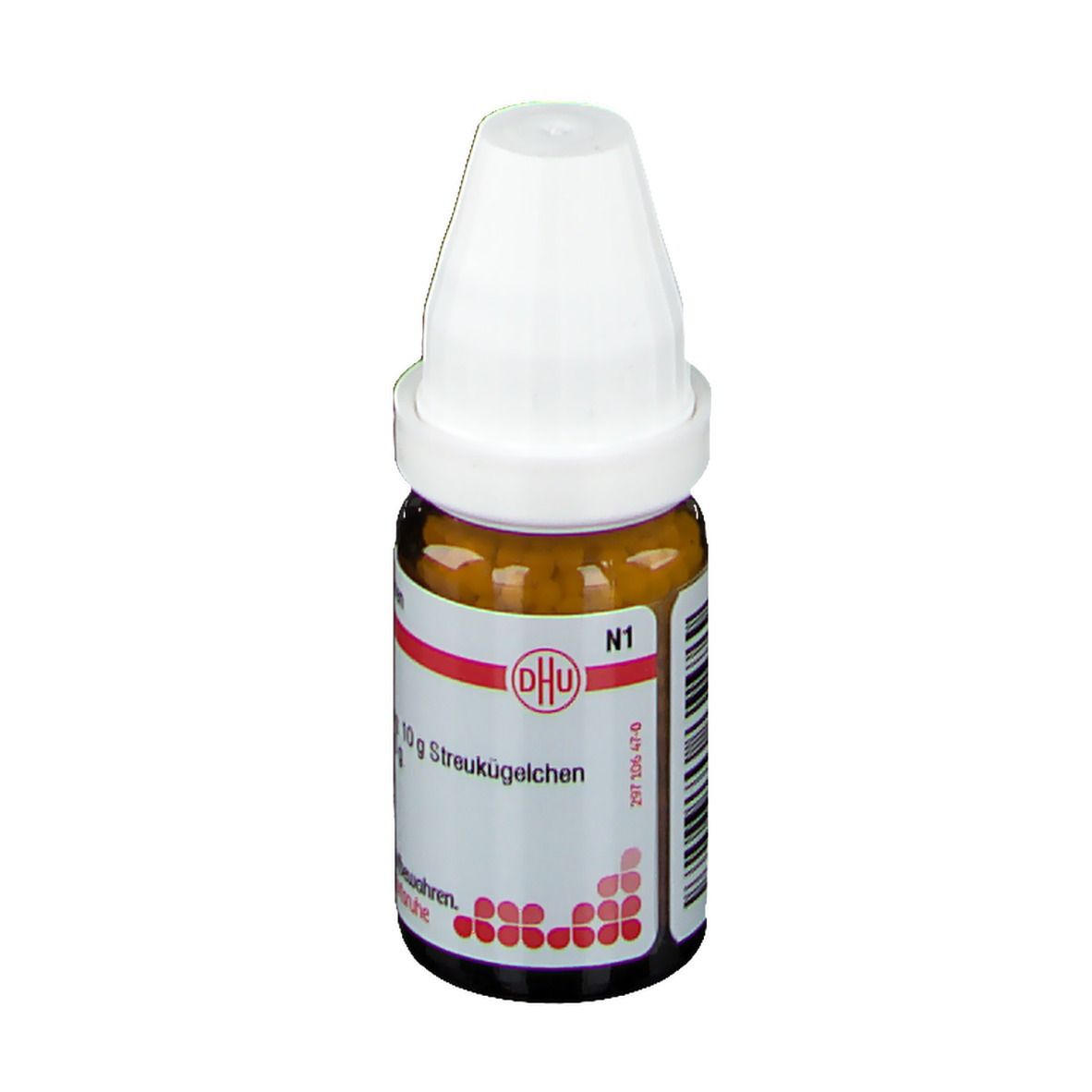 Braune Glasflasche mit weißen Deckel. Enthält Streukügelchen. Roter Streifen mit DHU-Logo. Beschriftung: Menyanthes D3, 10 g.