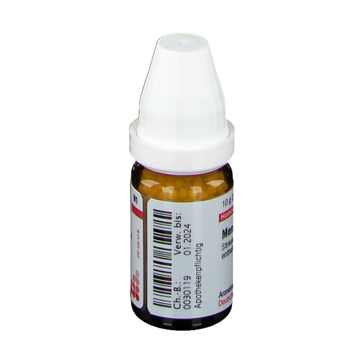Braune Glasflasche mit weißen Deckel. Enthält Streukügelchen. Beschriftung: Menyanthes D3, 10 g. Verwendbar bis 01.2024.