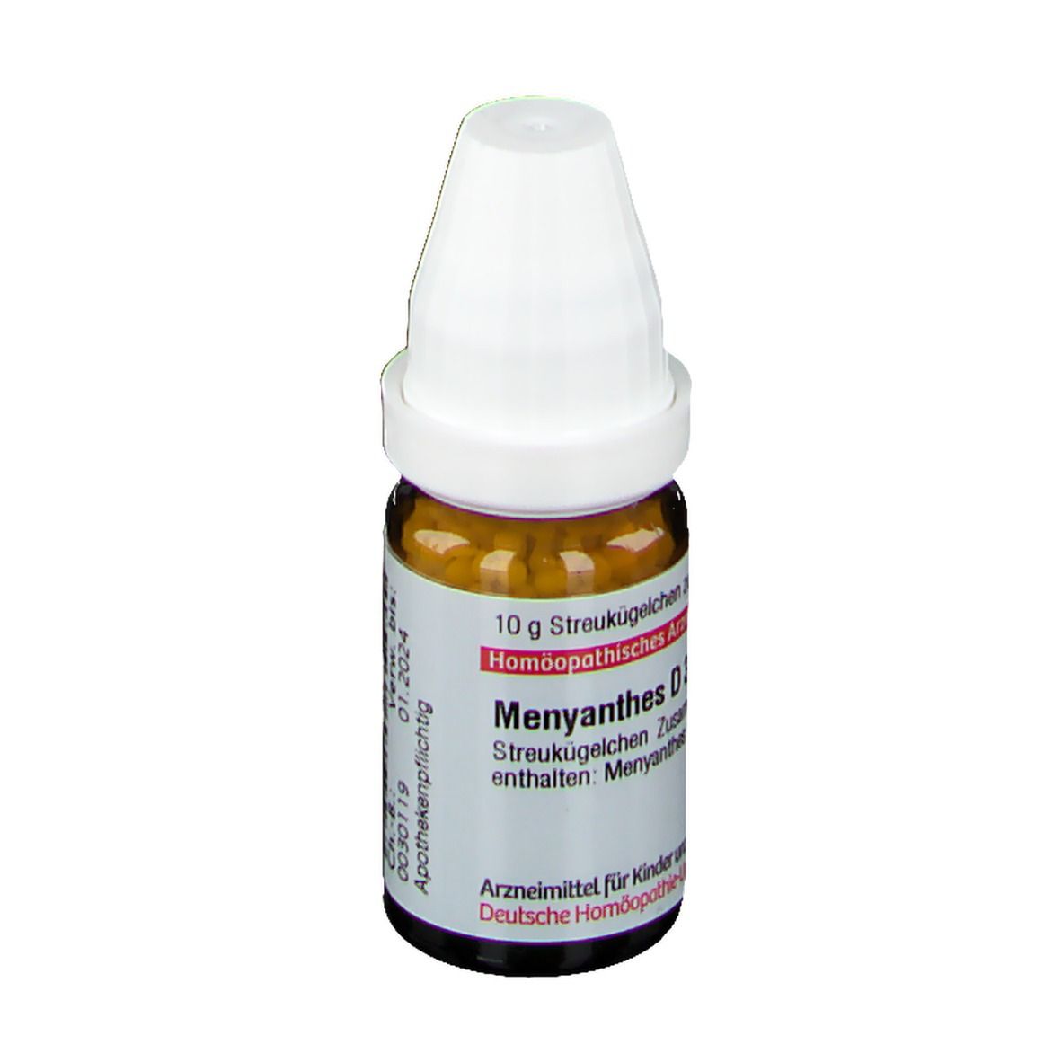 Braune Glasflasche mit weißen Deckel. Enthält Streukügelchen. Beschriftung: Menyanthes D3, 10 g. Apothekenpflichtig.