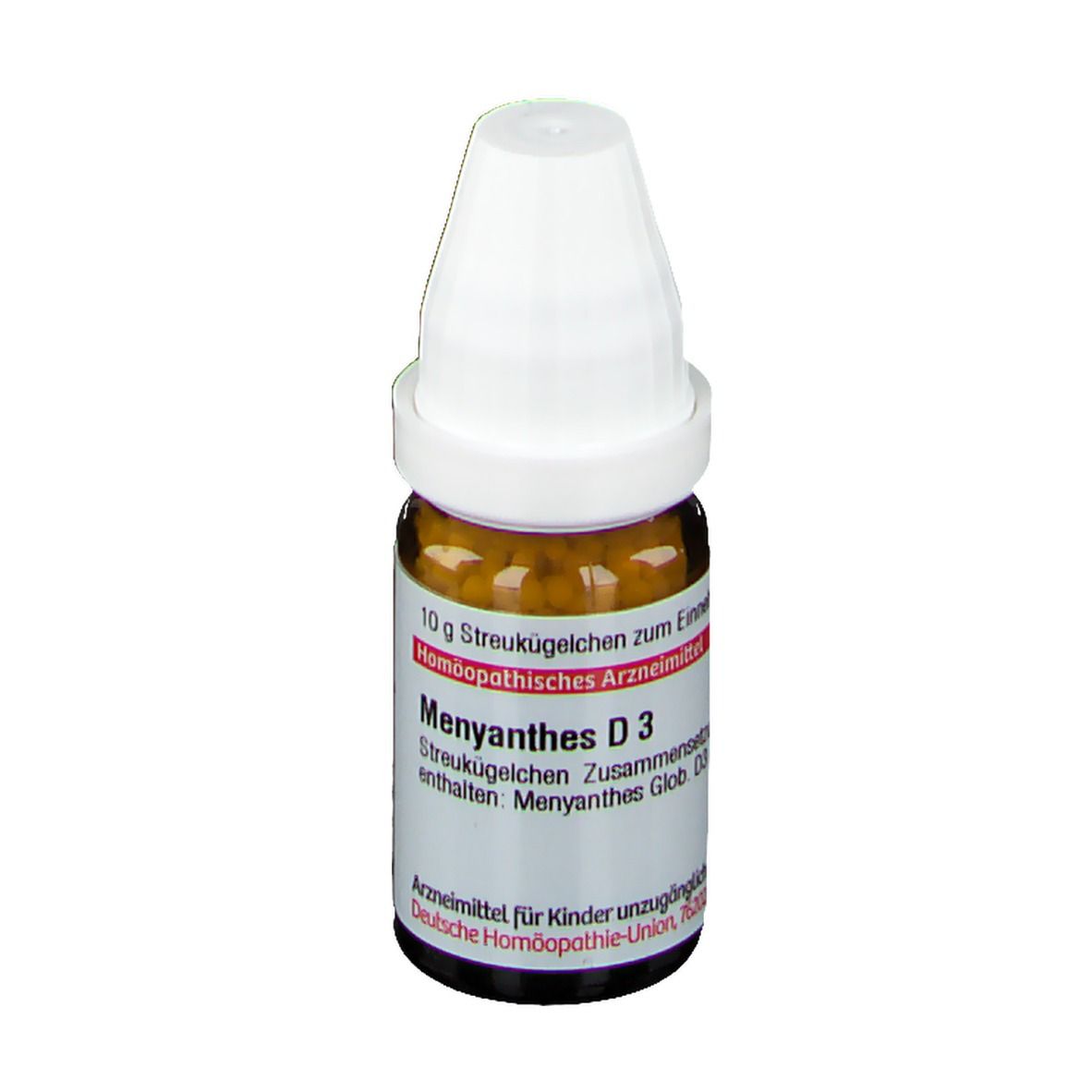 Braune Glasflasche mit weißen Deckel. Enthält Streukügelchen. Beschriftung: Menyanthes D3, 10 g. Homöopathisches Arzneimittel.