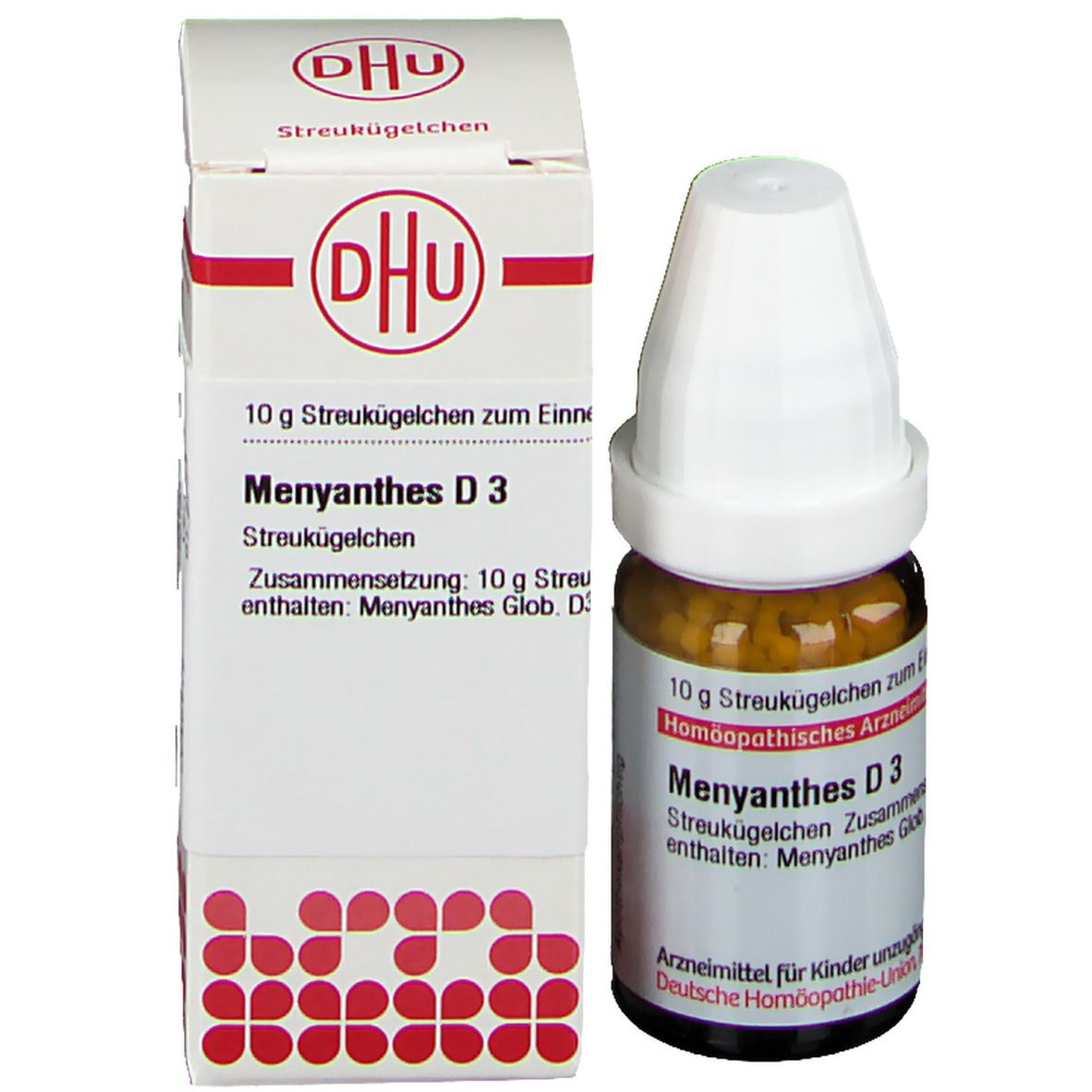 Produktverpackung mit Flasche. Weißer Karton mit DHU-Logo. Beschriftung: Menyanthes D3, 10 g Streukügelchen.