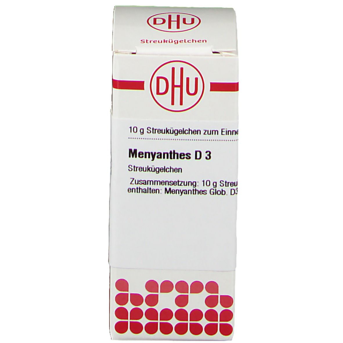 Produktverpackung. Weißer Karton mit DHU-Logo. Beschriftung: Menyanthes D3, 10 g Streukügelchen.