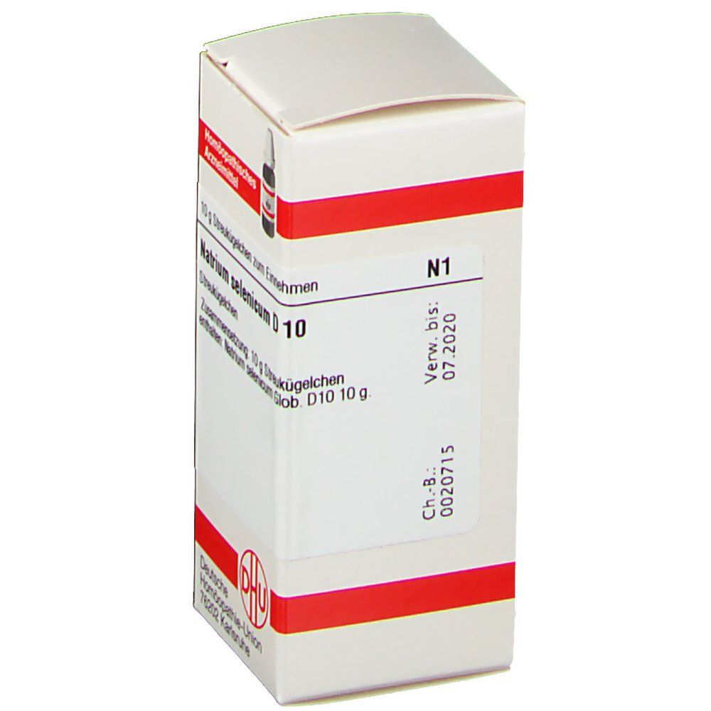 Weiße Faltschachtel mit rotem Streifen und Produktinformationen. Aufdruck: Natrium selenicum D10.