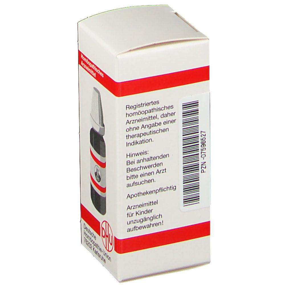 Weiße Faltschachtel mit Produktinformationen und DHU-Logo. Abgebildet ist eine kleine Flasche.