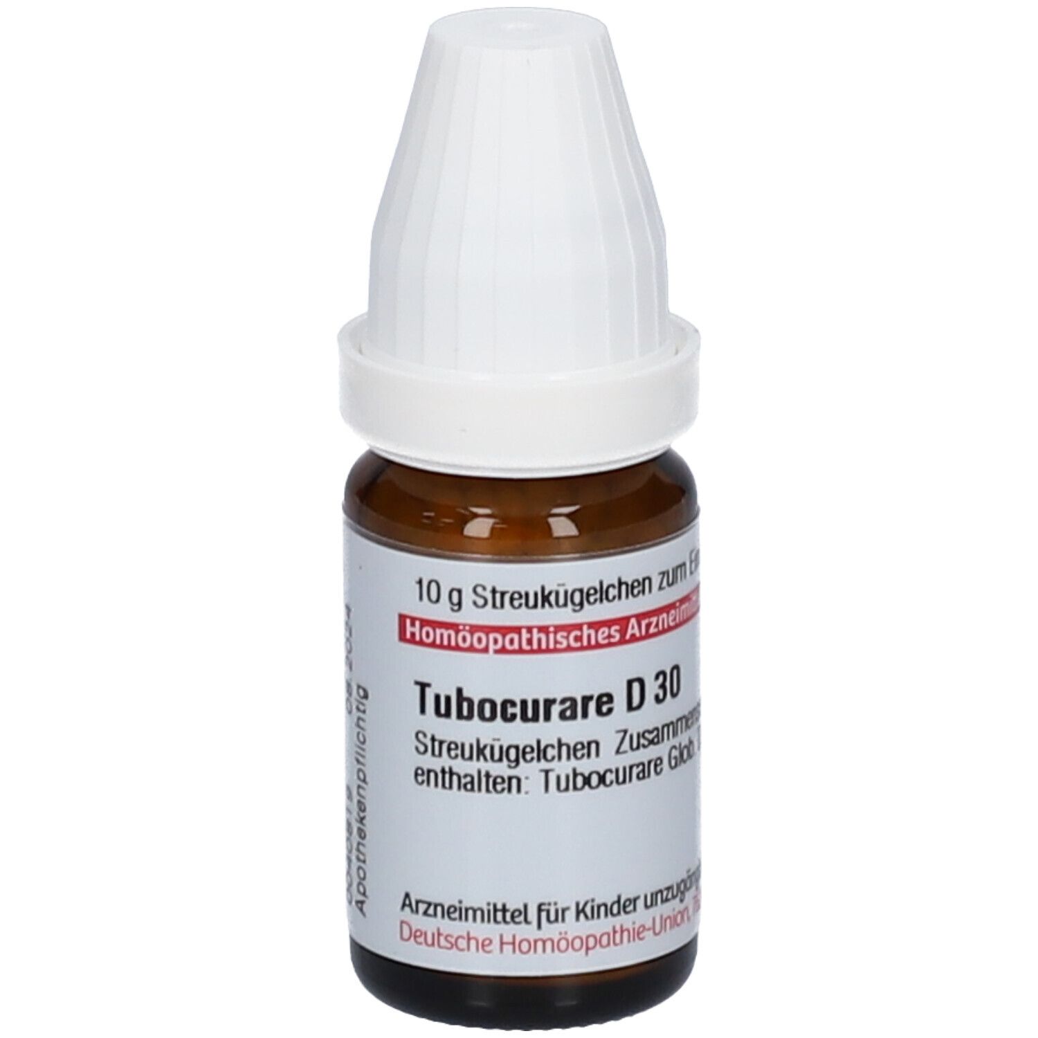 Braune Glasflasche mit weißem Deckel. Etikett mit Text: Tubocurare D 30, 10 g Streukügelchen. Homöopathisches Arzneimittel.