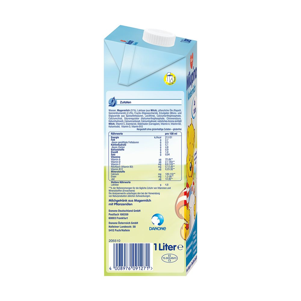 Rückseite Milupa Milupino Kindermilch Packung mit Nährwertangaben und Zutaten.