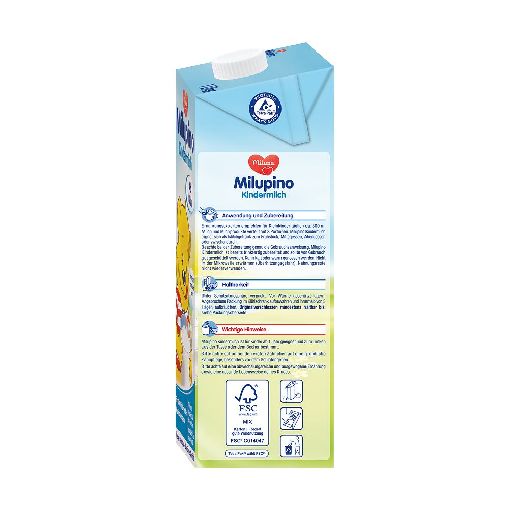 Seitenansicht Milupa Milupino Kindermilch Packung mit Anwendungshinweisen.