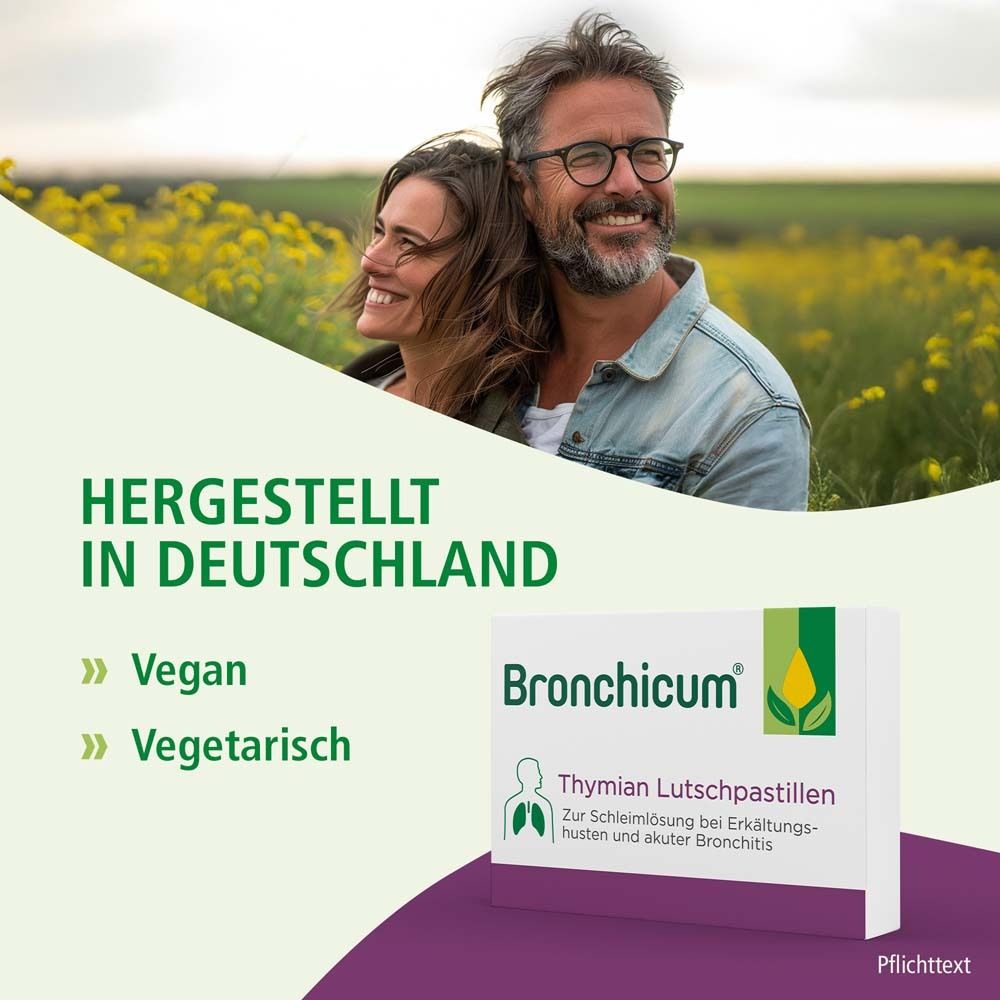 Paar lächelt. Text: Hergestellt in Deutschland. Vegan, vegetarisch. Produktverpackung.
