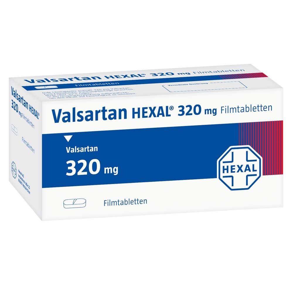 Schachtel mit Valsartan HEXAL 320 mg Filmtabletten. Blaue und weiße Verpackung mit Produktnamen und Dosierung.