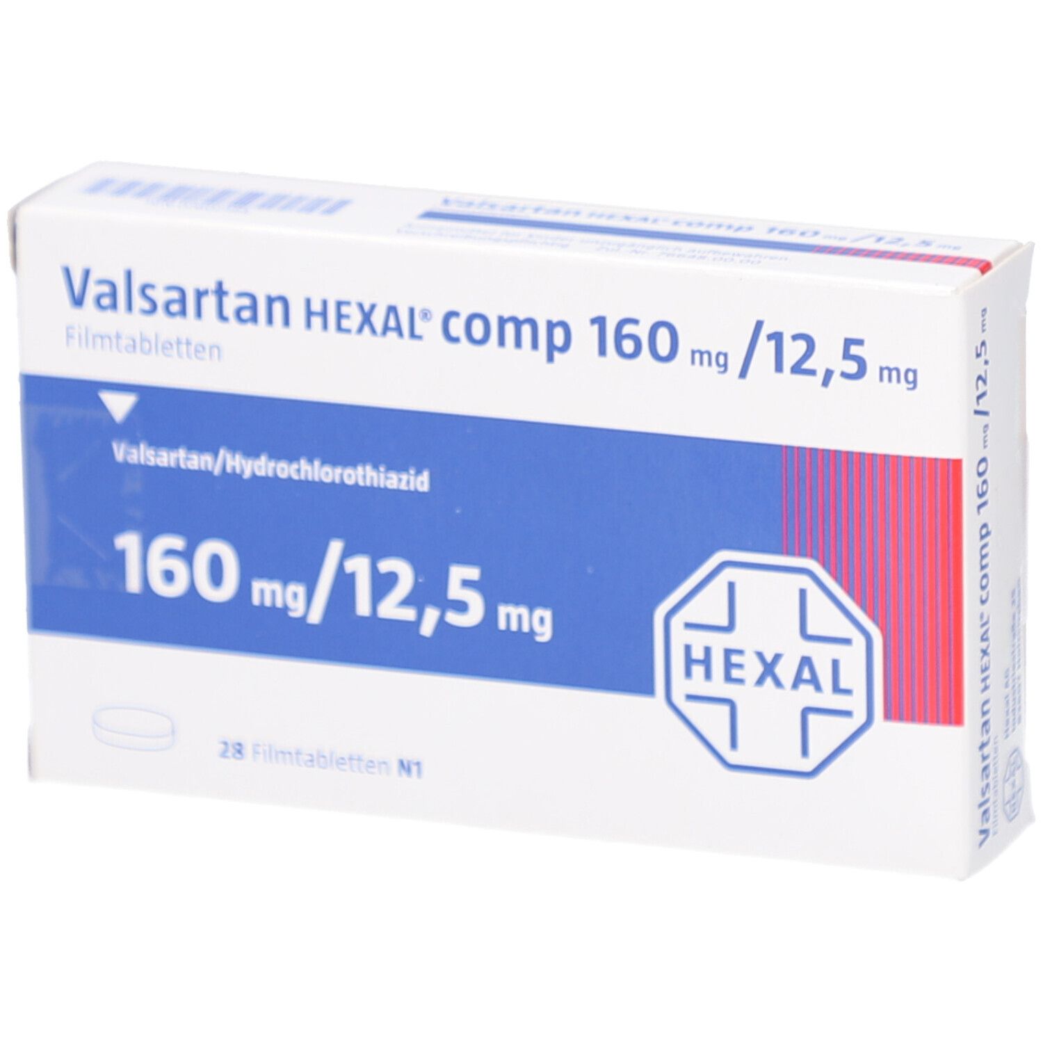Schachtel mit VALSARTAN HEXAL comp. 160mg/12,5mg Filmtabletten. Aufschrift: 160 mg/12,5 mg. HEXAL-Logo. 28 Filmtabletten.