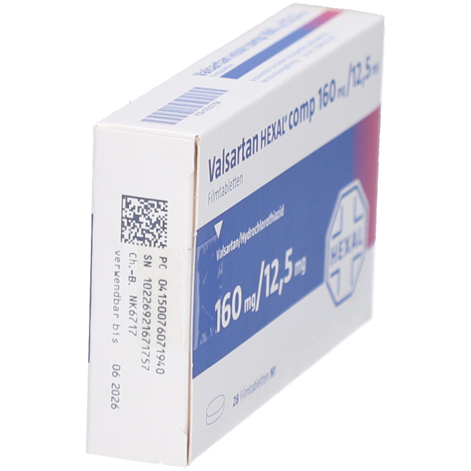 Schachtel VALSARTAN HEXAL comp. 160mg/12,5mg Filmtabletten. Aufschrift: 160 mg/12,5 mg. HEXAL-Logo. Barcode und Chargennummer.