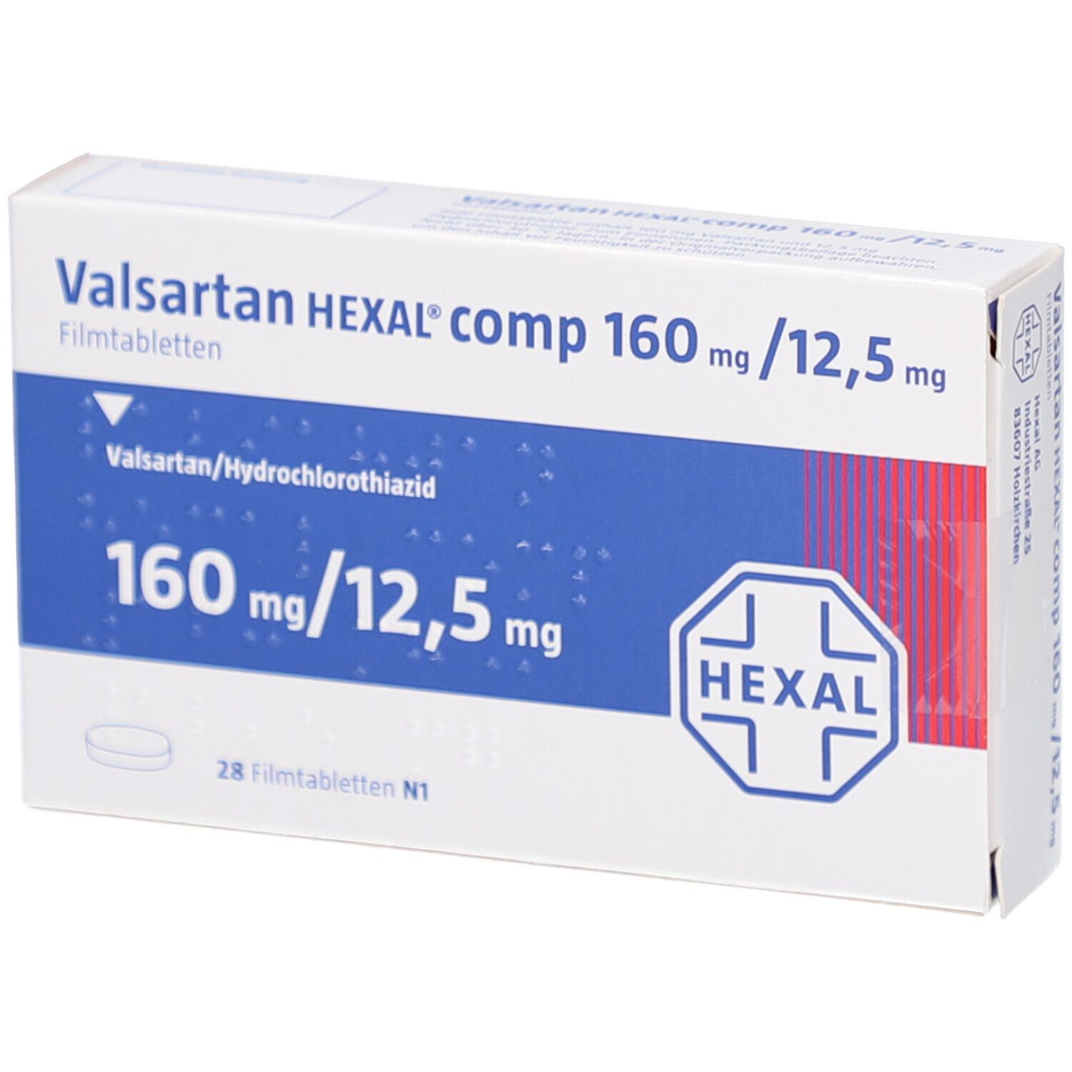 Schachtel mit VALSARTAN HEXAL comp. 160mg/12,5mg Filmtabletten. Aufschrift: 160 mg/12,5 mg. HEXAL-Logo. 28 Filmtabletten.