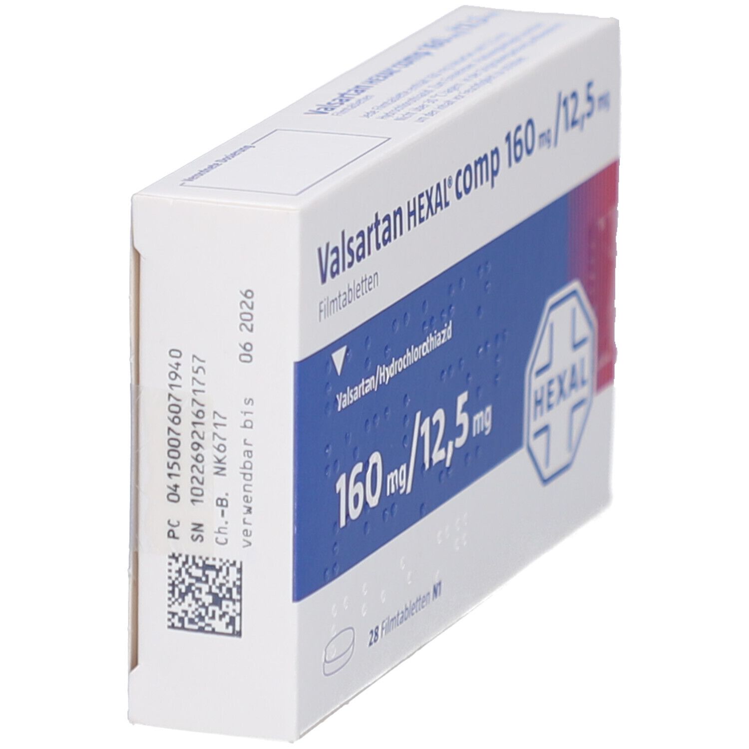 Schachtel VALSARTAN HEXAL comp. 160mg/12,5mg Filmtabletten. Aufschrift: 160 mg/12,5 mg. HEXAL-Logo. Barcode und Chargennummer.