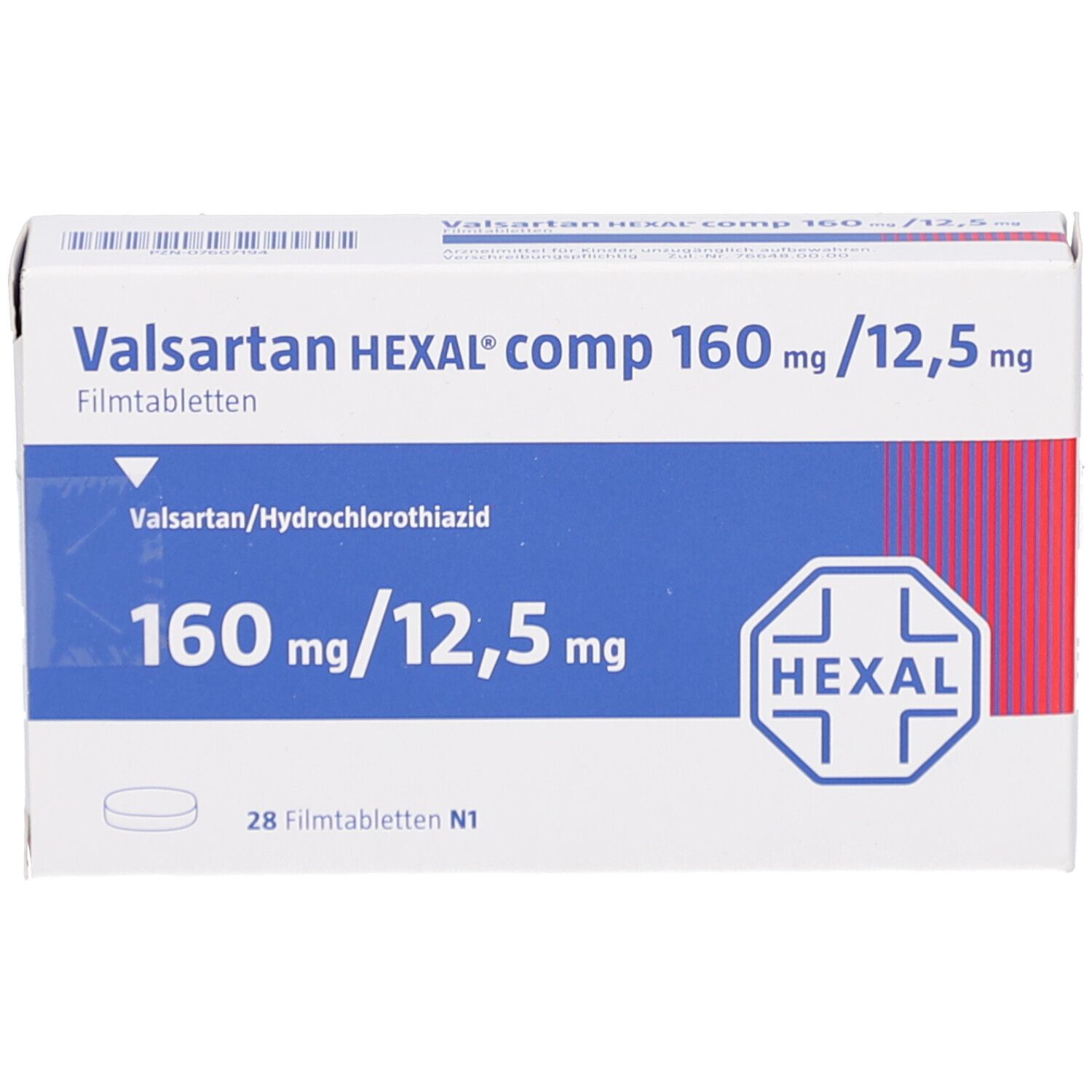 Schachtel mit VALSARTAN HEXAL comp. 160mg/12,5mg Filmtabletten. Aufschrift: 160 mg/12,5 mg. HEXAL-Logo. 28 Filmtabletten.