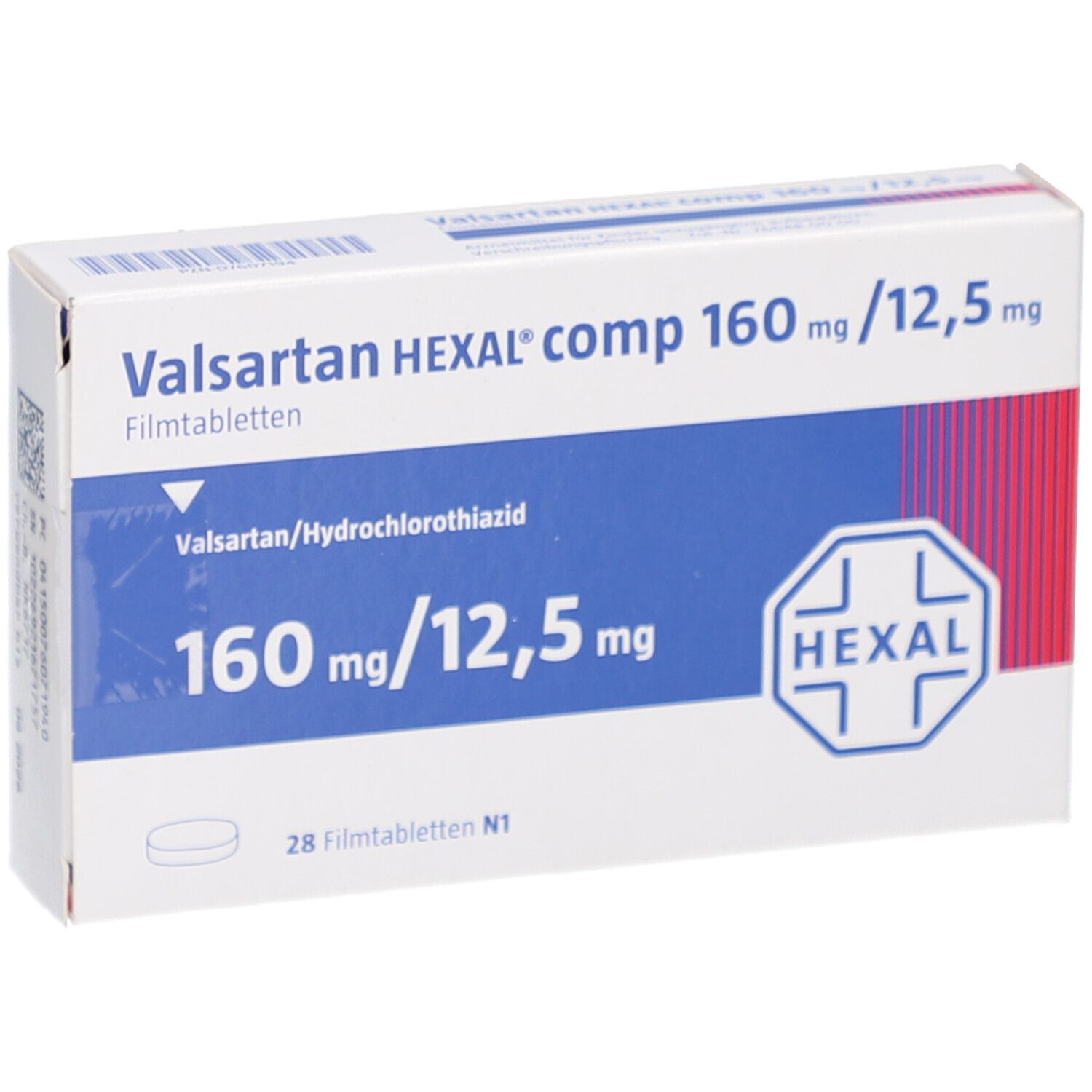 Schachtel mit VALSARTAN HEXAL comp. 160mg/12,5mg Filmtabletten. Aufschrift: 160 mg/12,5 mg. HEXAL-Logo. 28 Filmtabletten.