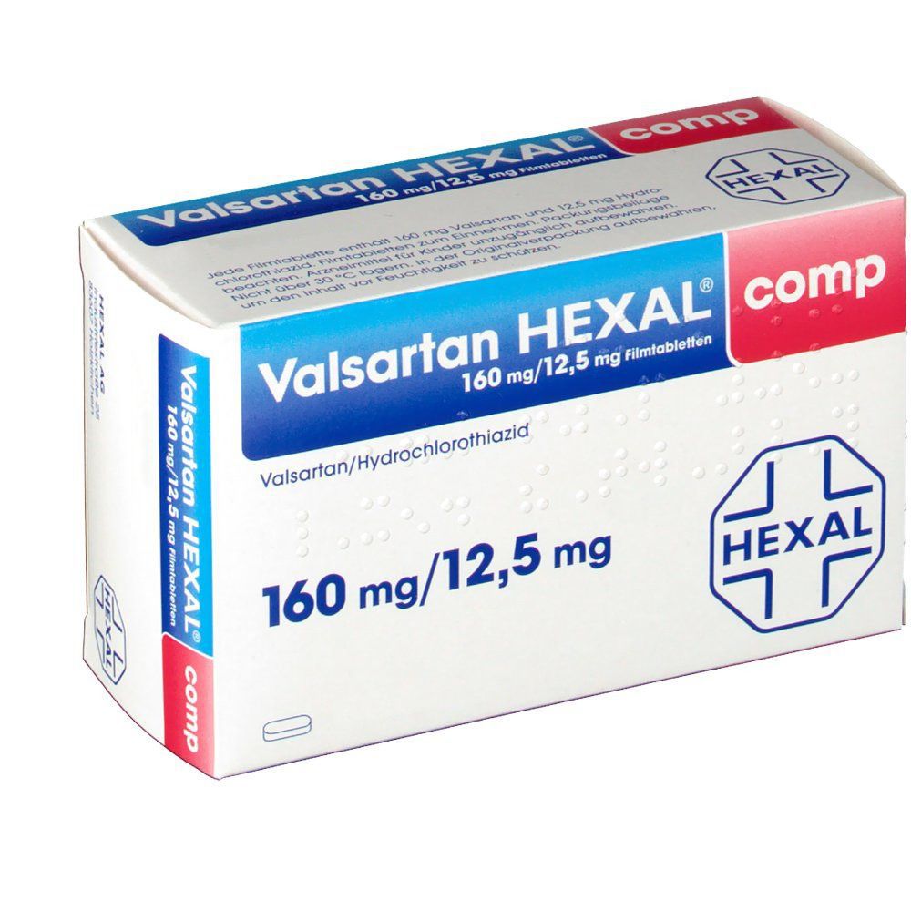 Verpackung von Valsartan HEXAL comp Filmtabletten. Aufschrift: 160 mg/12,5 mg. Marke HEXAL. Weiß, blau und rot.